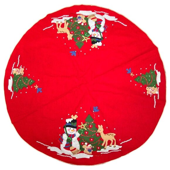 Vtg Red Felt Christmas Tree Skirt 34" Snowman Reindeer Sequin Embroidery Decor - Picture 1 of 12
